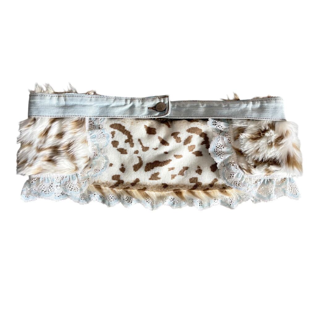 Upcycled Faux Fur Mini Belt Skirt Leopard Lace Festival Y2K Boho Rave S